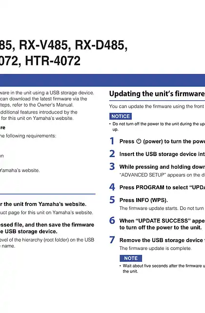 yamaha雅马哈RX-A680_RX-V585_RX-V485_RX-D485_RX-S602_HTR-5072_HTR-4072 Firmware Update Installation Manual